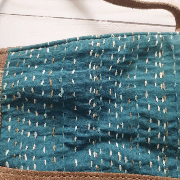 Noonday Collection Kantha Foldover Crossbody Bag Suede Leather Cotton BrownBlue - Picture 7 of 16